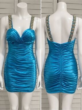 Embellished Strap Ruched Satin Mini Dress - Turquoise